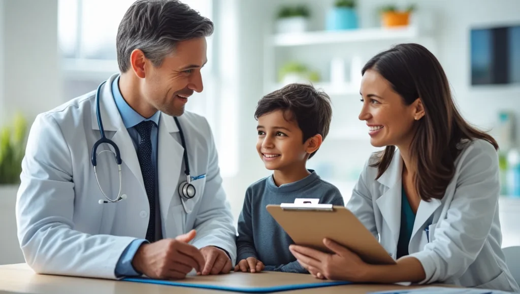 A doctor and a young boy are seated at a table with a clipboard, reviewing details about the boy's circumcision.