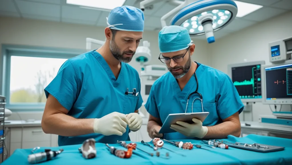 Two surgeons in blue scrubs examining a tablet, discussing details related to a circumcision procedure.