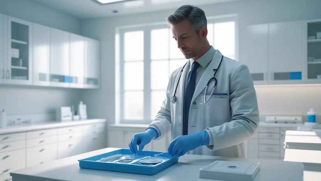 A man in a lab coat is focused on a tray, preparing for a adult circumcision procedure in a clinical setting.