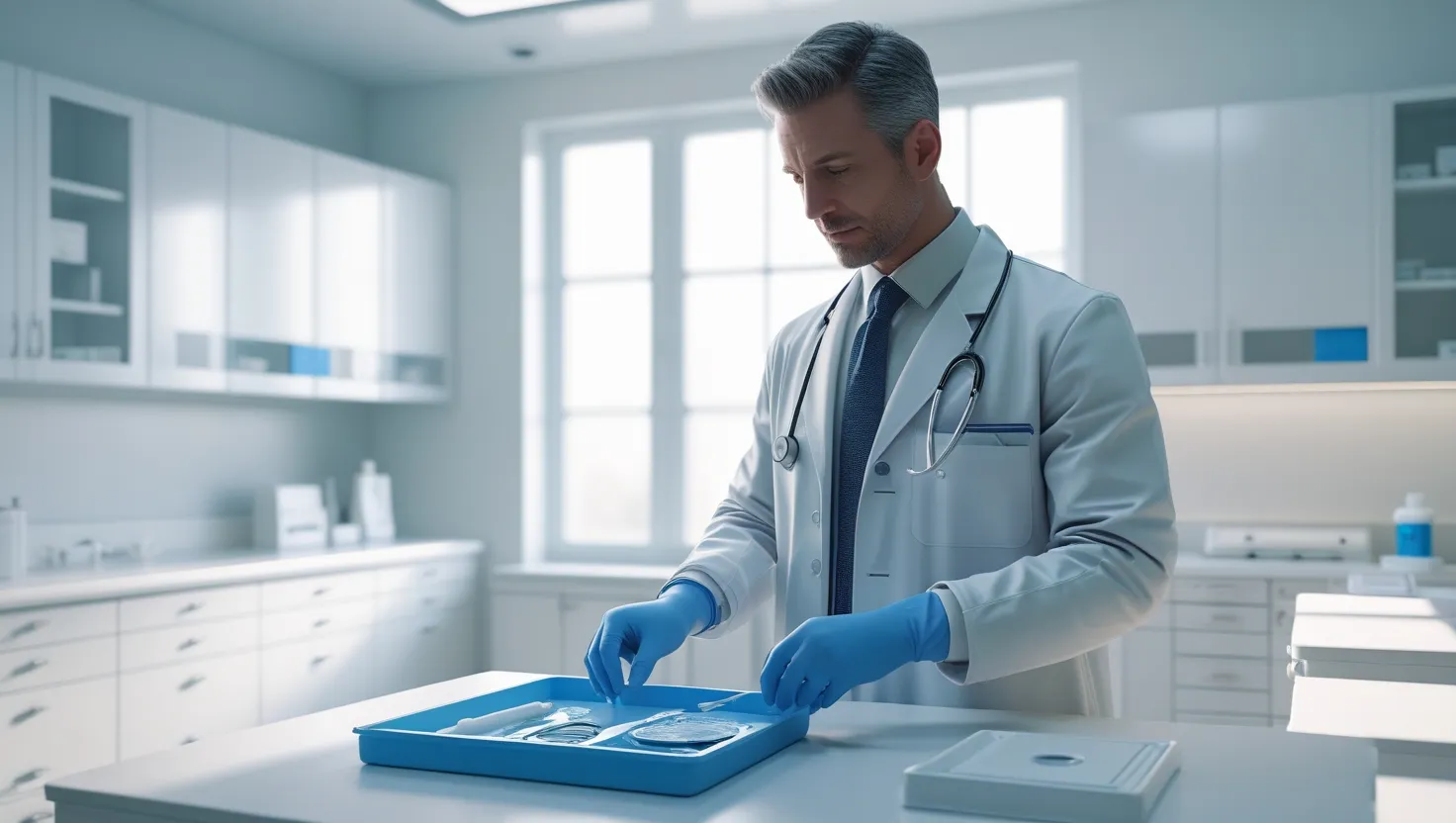 A man in a lab coat is focused on a tray, preparing for a circumcision procedure in a clinical setting.