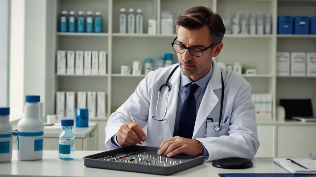 A man wearing a lab coat works diligently on a tray, likely preparing instruments for a adult circumcisions procedure.