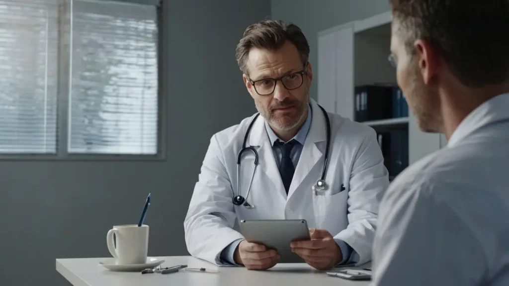 A doctor consulting with a patient about adult circumcision in a clinical setting.